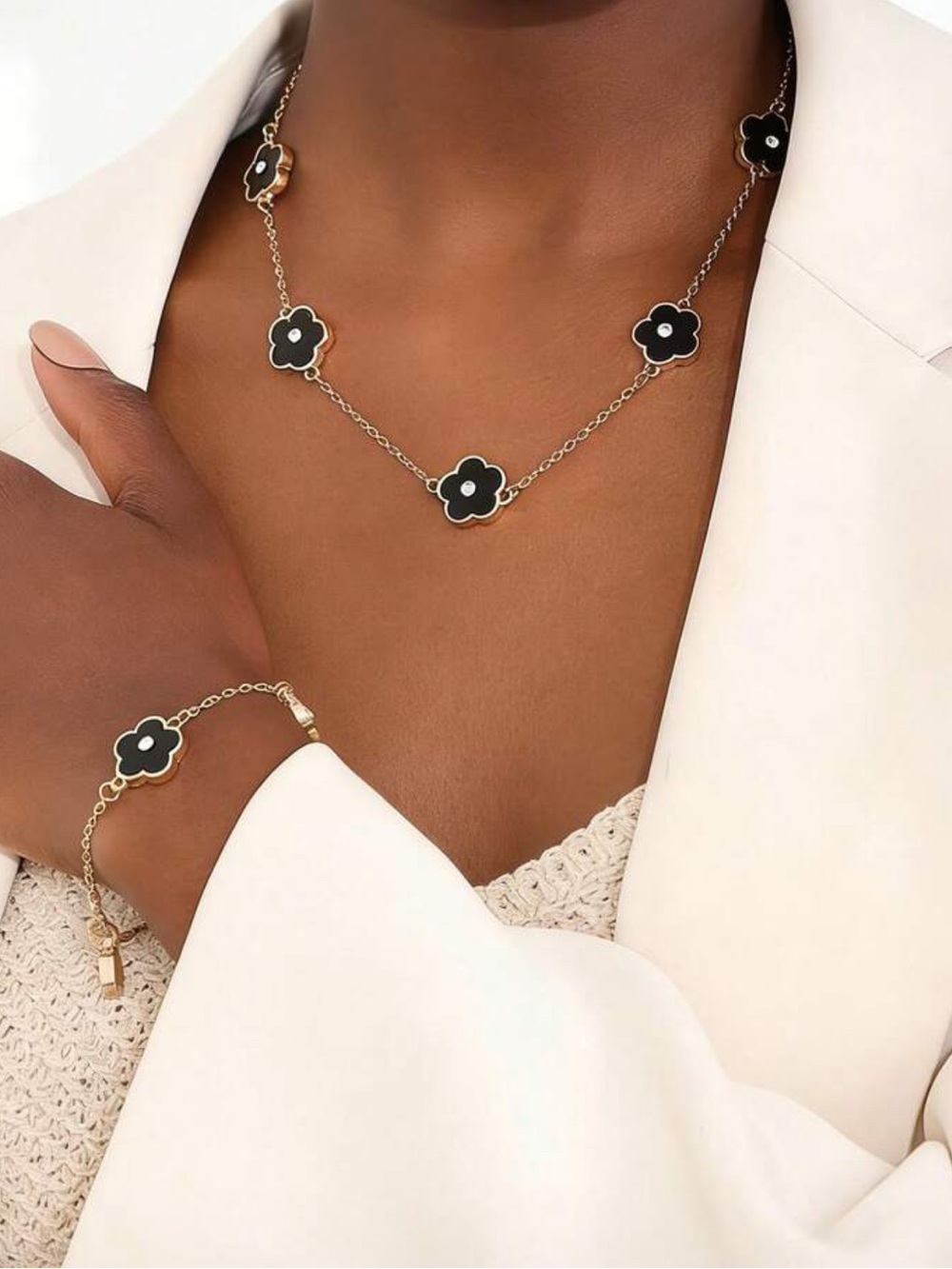 Macy's Gold-Tone Necklace and Bracelet Set with Black Flower Accents